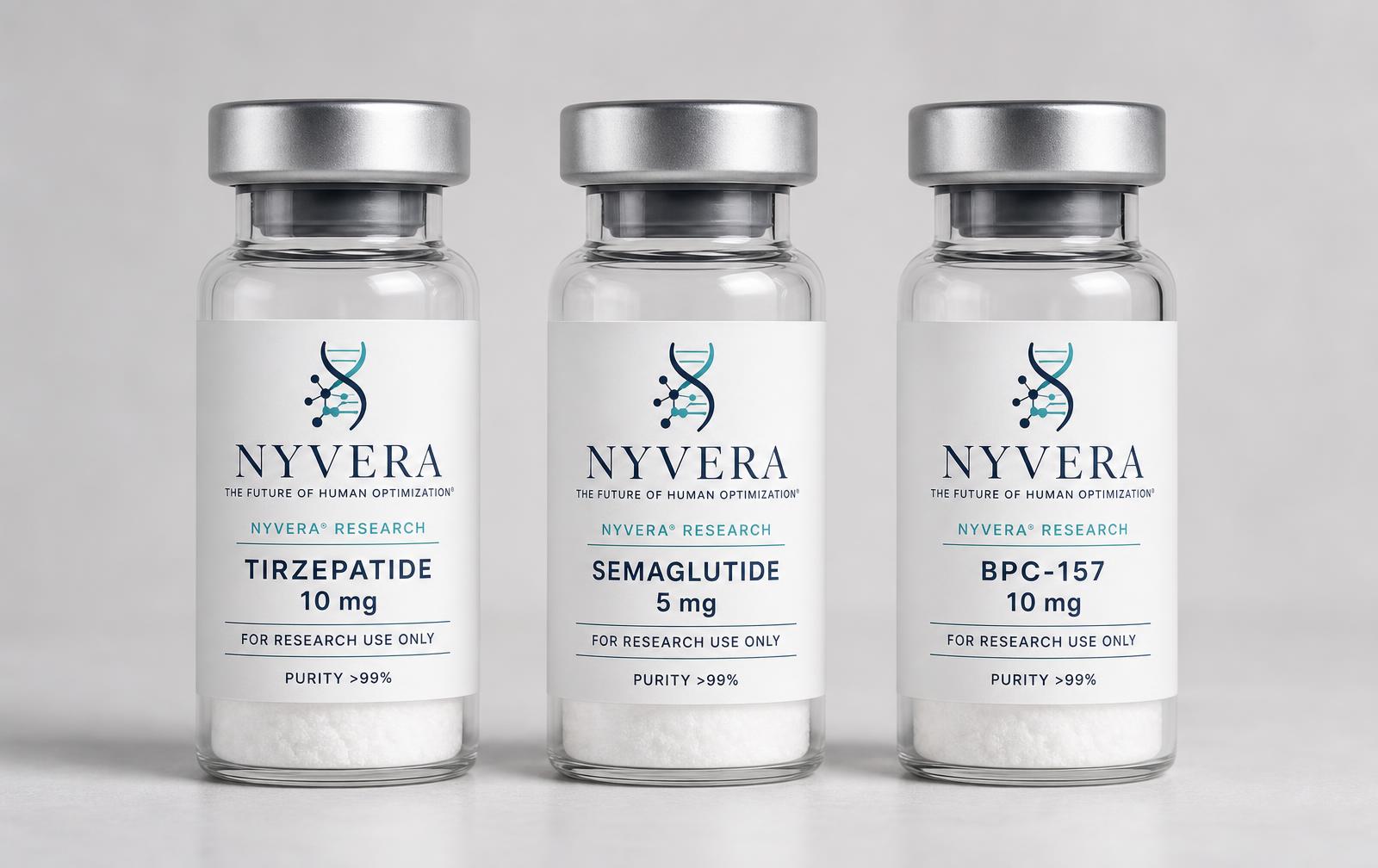 Colección de viales NYVERA Research sobre superficie de piedra